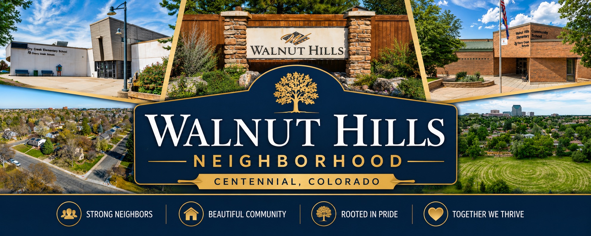 Walnut Hills neighborhood sign, Dry Creek Elementary, Walnut Hills Community Elementary, and neighborhood views in Centennial, Colorado